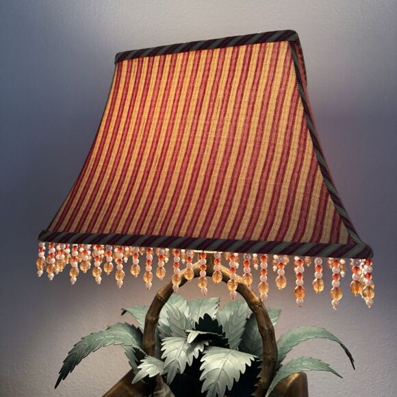 Vintage Tole Style Lamp Cache Pot Base Metal Leaf Plant With Beaded Shade 22.5" - Picture 6 of 7